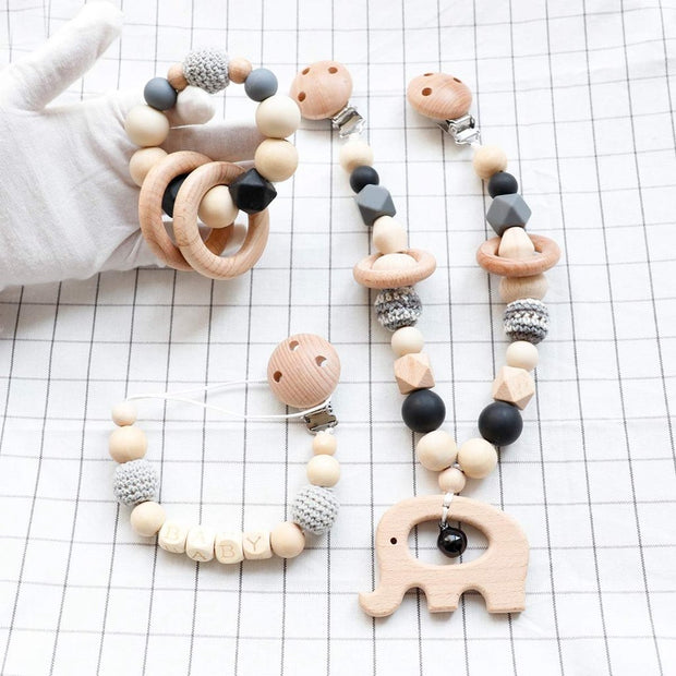 Baby Elephant Wooden Stroller Chain, Rattle, and Pacifier Clip Homeplistic