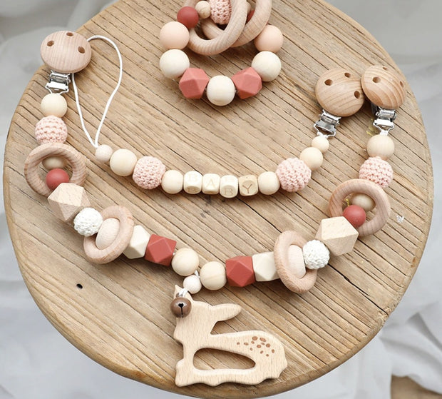 Baby Fawn Wooden Stroller Chain, Rattle, and Pacifier Clip Homeplistic