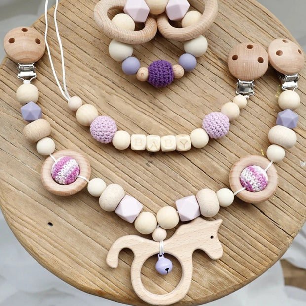 Baby Pony Wooden Stroller Chain, Rattle, and Pacifier Clip Homeplistic