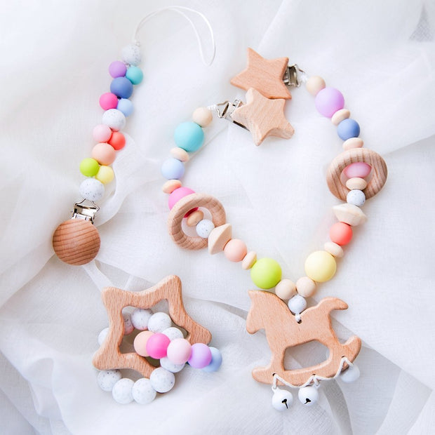 Baby Rocking Horse Wooden Stroller Chain, Rattle, and Pacifier Clip Homeplistic