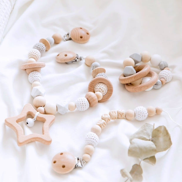 Baby Star Wooden Stroller Chain, Rattle, and Pacifier Clip Homeplistic