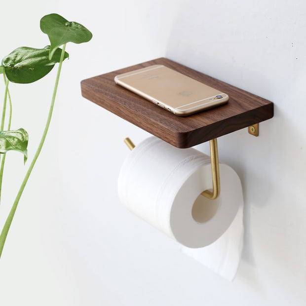 Walnut Wood Toilet Paper Towel Holder With Shelf, Wall Mounted Rustic  Modern Bathroom Organizer Shelf for Tissue Rolls, Hand Towels 